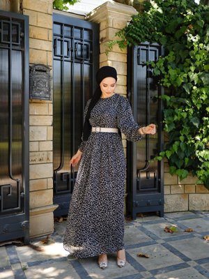 Siyah Balon Kol Simli Şifon Elbise Siyah Balon Kol Simli Şifon Elbise