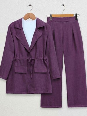 Mor Kapaklı Tünel Köprülü Ceketli Keten İkili Takım