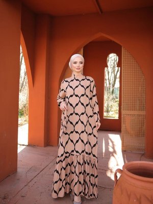 Bej Ankanoor Geometrik Desenli Viskon Elbise