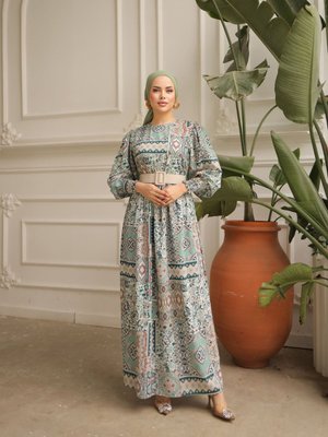 Yeşil Balon Kol Baklava Desen Saten Elbise