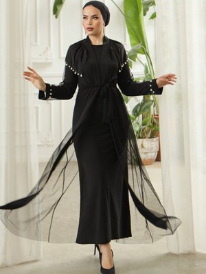 Siyah İnci Detaylı Tül Hırkalı Sendy Abaya