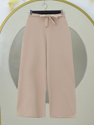 Bej Beli Lastikli Bağlamalı Bol Paça Pantolon