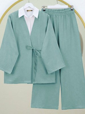 Su Yeşili Önden Bağlamalı Pantolonlu Kimono İkili Takım