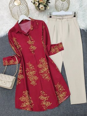 Bordo Boydan Düğmeli Desenli Viskon Tunik Bordo Boydan Düğmeli Desenli Viskon Tunik