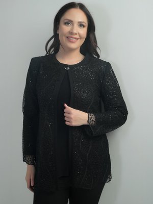 Siyah Uzun Kollu Bluz Pul İşlemeli Dantel Ceket Büyük Beden 2'li Takım