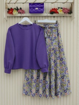Mor Çiçek Desenli Kemerli İkili Takım