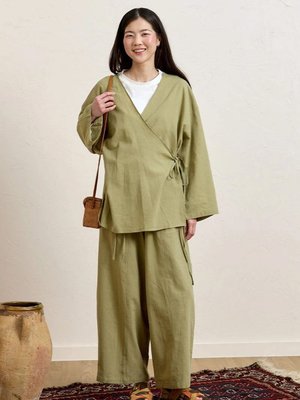 Haki Organik Keten Bağlamalı Tunik & Şalvar Pantolon Takım