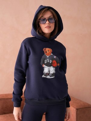 Lacivert Ayıcık Desenli Üç İplik Şardonlu Ve Kapüşonlu Sweatshirt Lacivert Ayıcık Desenli Üç İplik Şardonlu Ve Kapüşonlu Sweatshirt