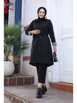 Düğmeli Fermuarlı Kısa Bondit Trençkot