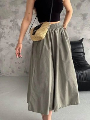 Yeşil Beyazlamış Uzun Beli Lastikli Paraşüt Kumaş Etek