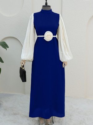 Lacivert Kolları Büzgü Detaylı Gül Kuşaklı Abiye Elbise