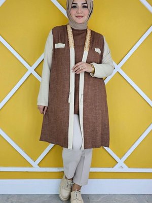 Kahverengi Yakası Taş Detaylı Kimono İkili Takım