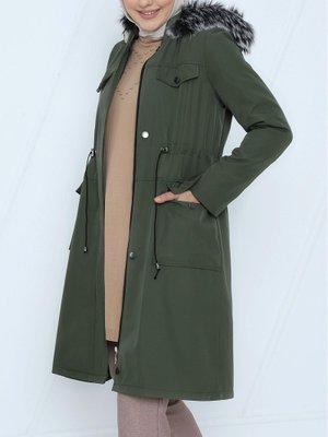 Haki Çıkma Kapüşonlu Bağcıklı Bondit Kısa Kaban