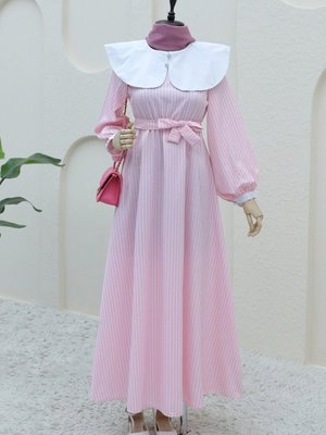 Pembe Bebe Yaka Çizgili Beli Lastikli Uzun Elbise