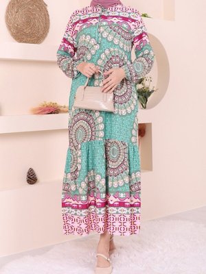 Yeşil Parçalı Deseli Bağcıklı Kolu Lastikli Elbise