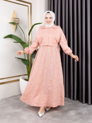 Pudra Bej Çizgili Viskon Elbise Takımı Pudra Bej Çizgili Viskon Elbise Takımı