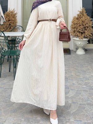 Bej Belden Lastikli Maşeti Bağcıklı Elbise