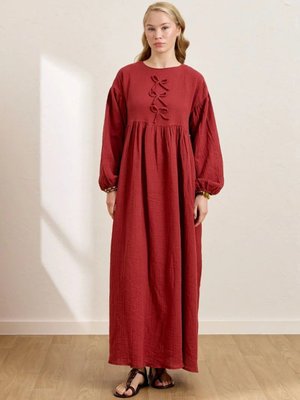 Bordo Müslin Fiyonklu Belroba Elbise