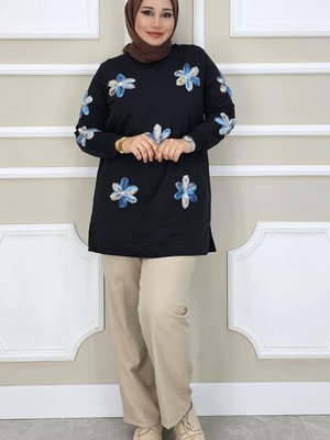 Siyah Mavi Dikme Çiçek Aksesuarlı Tunik Siyah Mavi Dikme Çiçek Aksesuarlı Tunik