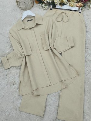 Bej Körüklü Cepli İkili Keten Takım