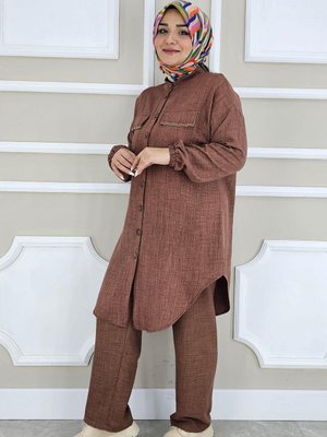 Kahverengi Dantel Detaylı Aplike Cepli İkili Takım