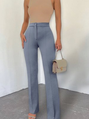 Gri Düğmeli Likralı Pantolon