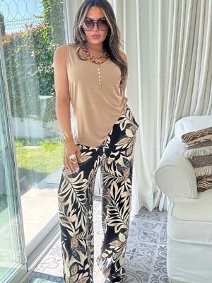 Kahve Siyah Viskon Saten Desenli Pantolon