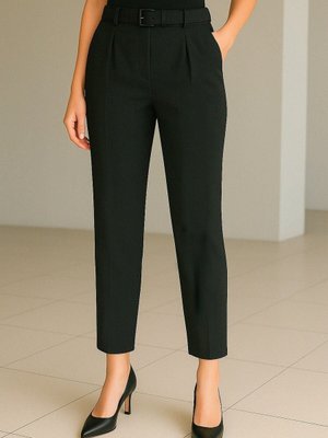 Siyah Beli Kemerli Çift Cepli Pantolon