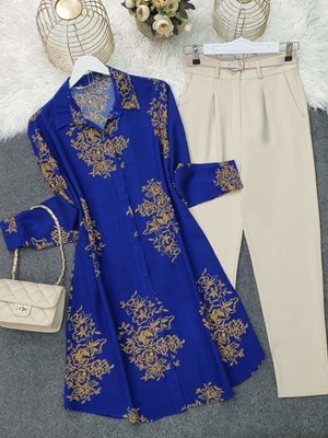 Saks Boydan Düğmeli Desenli Viskon Tunik