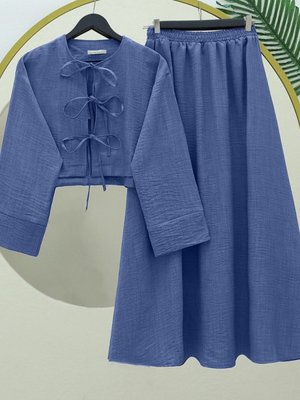İndigo Önü Bağcıklı Beli Lastikli Etekli Keten İkili Takım