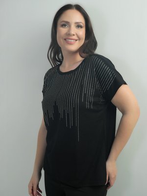 Siyah Önü Şelale Taş Baskılı Bisiklet Yaka B.b. Bluz