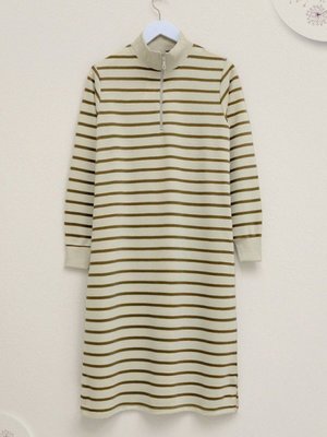 Vizon Yarım Fermuarlı Yırtmaçlı Çizgili Tunik