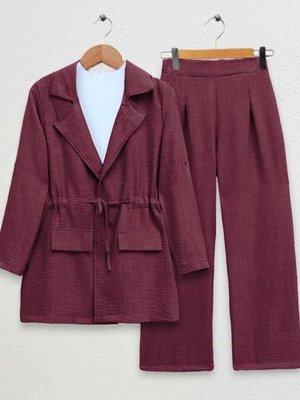 Bordo Kapaklı Tünel Köprülü Ceketli Keten İkili Takım