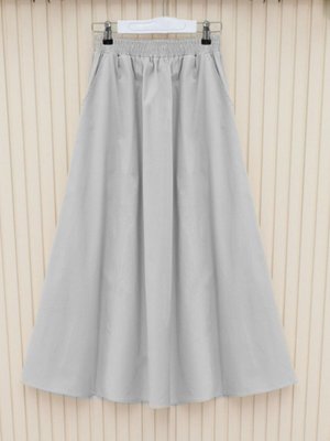 Açık Gri Uzun Beli Lastikli Çift Cepli Gabardin Etek