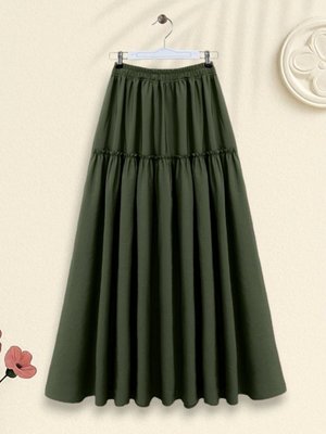 Haki Uzun Parçalı Beli Lastikli Kraş Desen Paraşüt Etek