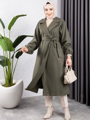 Haki Kruvaze Yakalı Kaşe Kaban