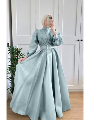 Su Yeşili Kemerli Tafta Prenses Abiye Elbise