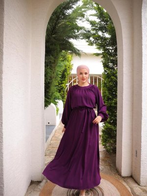 Mürdüm Ankanoor Reglan Kollu Büzgü Yaka Elbise Mürdüm Ankanoor Reglan Kollu Büzgü Yaka Elbise