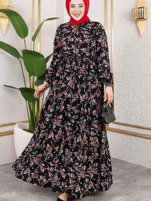 Siyah Asel Çiçekli Viskon Elbise