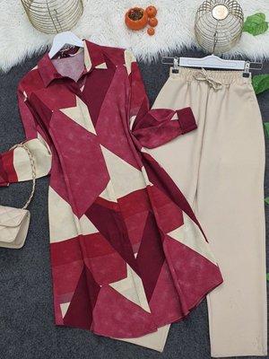 Vişne Düğmeli Desenli Viskon Tunik