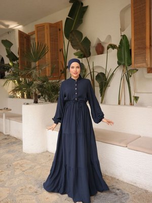 Lacivert Ankanoor Çingene Bel Bağlamalı Belmando Elbise