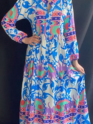 Mavi Viskon Kumaş Uzun Kollu Desenli Salaş Elbise