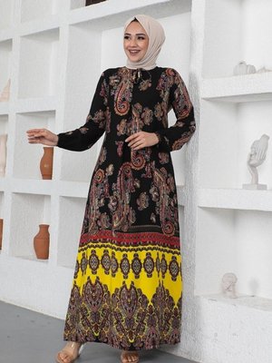 Siyah Etnik Desenli Model Elbise
