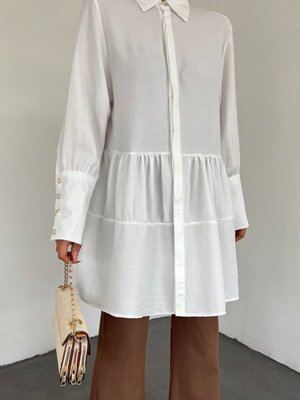 Ekru Kol Manşeti Taşlı Düğmeli Parçalı Keten Tunik Ekru Kol Manşeti Taşlı Düğmeli Parçalı Keten Tunik