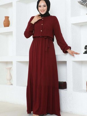 Bordo Düğme Detaylı Viskon Elbise Bordo Düğme Detaylı Viskon Elbise