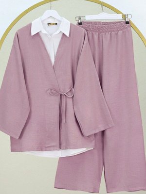 Pudra Önden Bağlamalı Pantolonlu Kimono İkili Takım