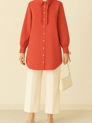 Nar Çiçeği Kolu Bağcıklı Önü Fırfırlı Çizgili Gömlek Tunik