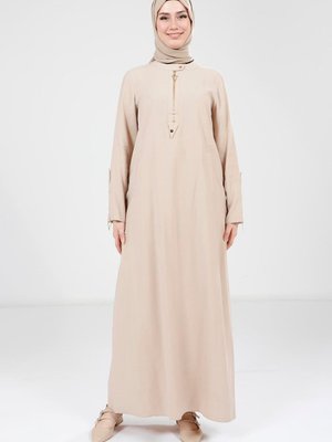 Taş Renk Kolu Fermuar Detaylı Elbise