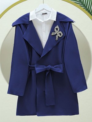 Lacivert Yakası Taş Armalı Kemerli Scuba Kimono