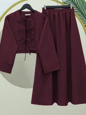 Bordo Önü Bağcıklı Beli Lastikli Etekli Keten İkili Takım
